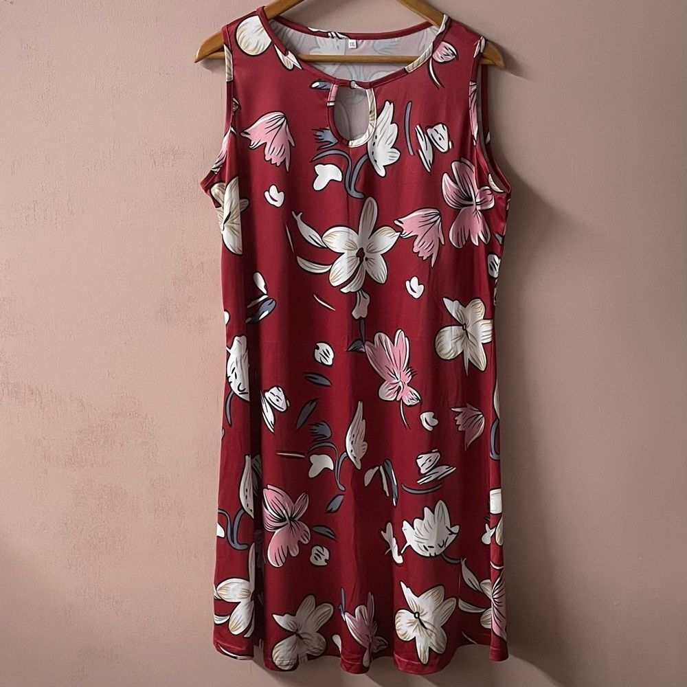 Sleeveless Floral Keyhole Dress - Red Pink - Picture 3 of 12